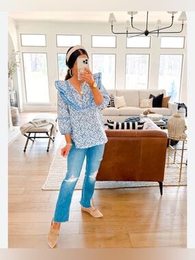 Romantic loft blouse Blue Floral Ruffle V-Neck tie chic bohemian Emerson revolve